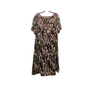 Lane Bryant Brown and Coral Retro Botanical/Floral Print Faux Wrap Midi Dress